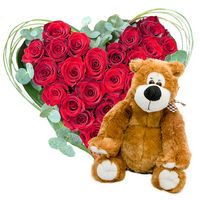 Bouquet Heart of red roses and Bear - view more