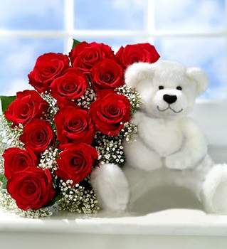 Bouquet of red roses and Teddy bear - view more